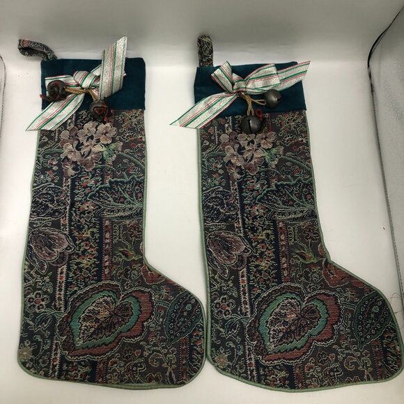 VTG 2 Piece Tapestry Traditional Christmas Stockings Gold Jingle Bell Detail - Picture 1 of 10